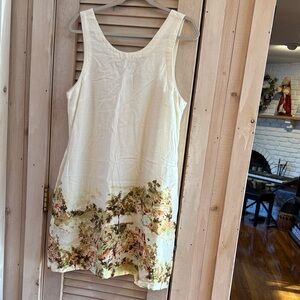 Tahari Ivory Scoop Neck Dress with Landscape Print Size L Linen Blend w/Pockets